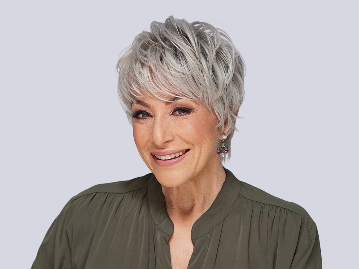 Layered Gray Pixie With Side-Swept Fringe Layered Gray Pixie With Side-Swept Fringe — Haircuts for Women