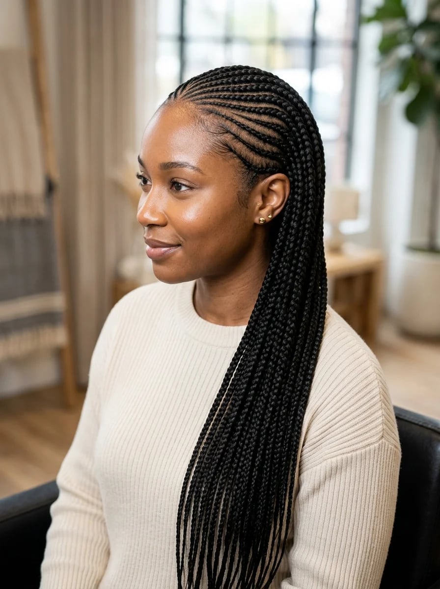 Mid-Back Sleek Cornrows Into Braids, Straight Mid-Back Sleek Cornrows Into Braids, Straight — Hairstyles for Black Women Braids