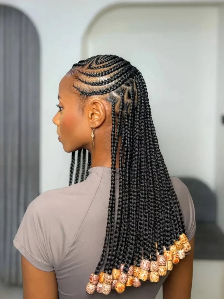 Mid-Back Cornrows With Beaded Braids, Straight Mid-Back Cornrows With Beaded Braids, Straight — Hairstyles for Black Women Braids