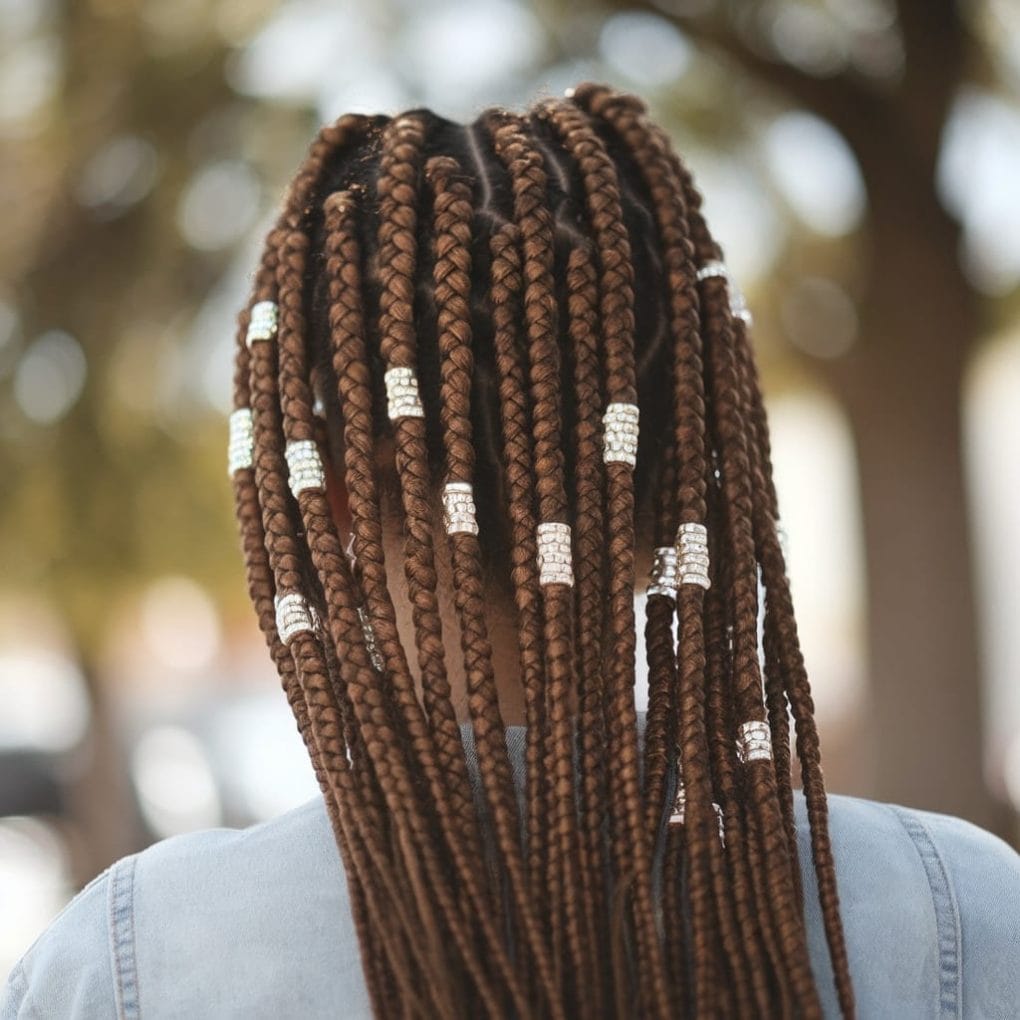 Mid-Back Knotless Braids With Silver Beads, Brown Mid-Back Knotless Braids With Silver Beads, Brown — Hairstyles for Black Women Braids