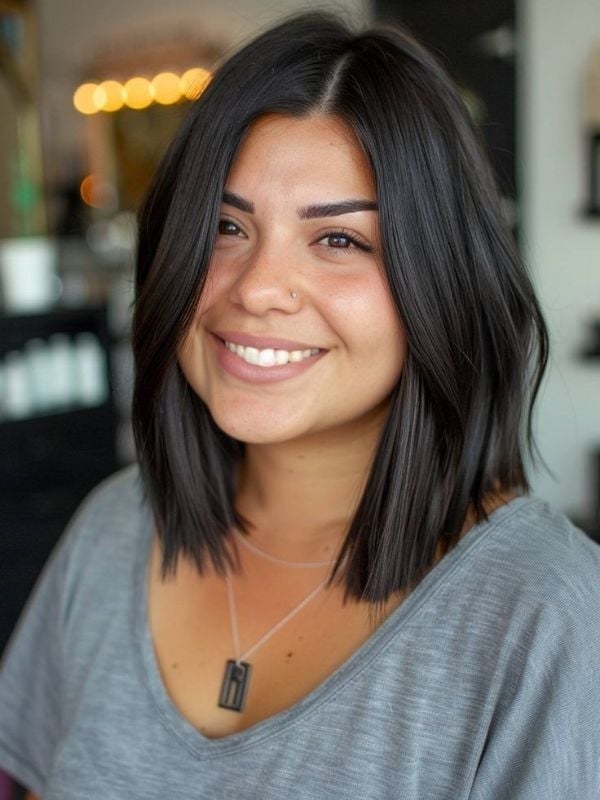 Sleek Chin Length Angled Bob Sleek Chin Length Angled Bob — Hairstyles for Round Face
