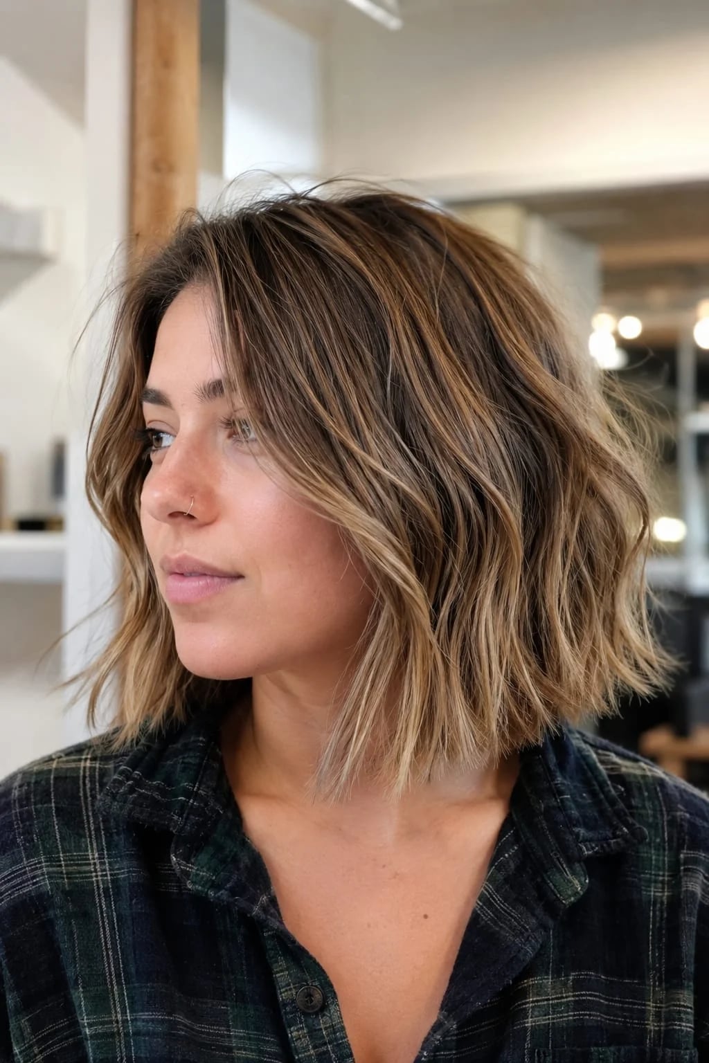 Collarbone Shag Bob With Curtain Bangs and Brown With Blonde Balayage Collarbone Shag Bob With Curtain Bangs and Brown With Blonde Balayage — Hairstyles for Round Face