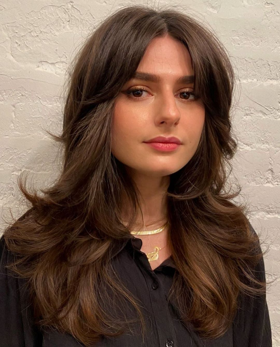 Mid-Back Wavy Layers With Face-Framing, Dark Brown Mid-Back Wavy Layers With Face-Framing, Dark Brown — Hairstyles for Round Face