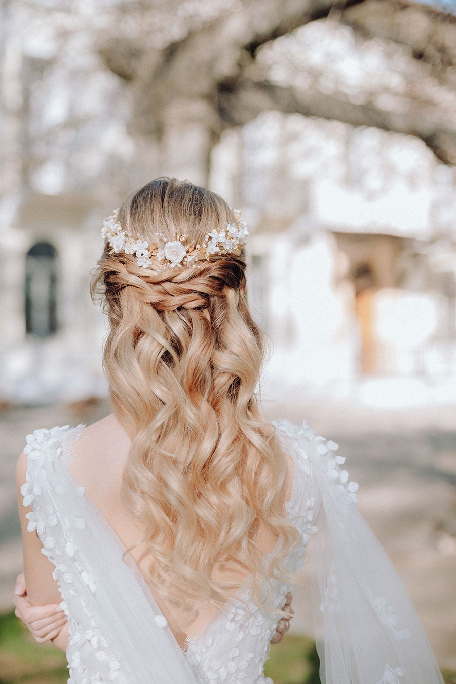 Ash Blonde Braided Crown With Floral Accessory Ash Blonde Braided Crown With Floral Accessory — Hairstyles for Wedding