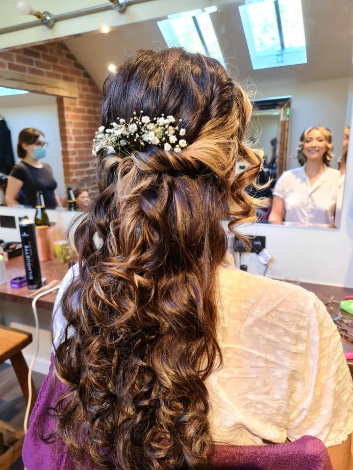 Dark Brown Half Updo With Blonde Balayage and Flowers Dark Brown Half Updo With Blonde Balayage and Flowers — Hairstyles for Wedding