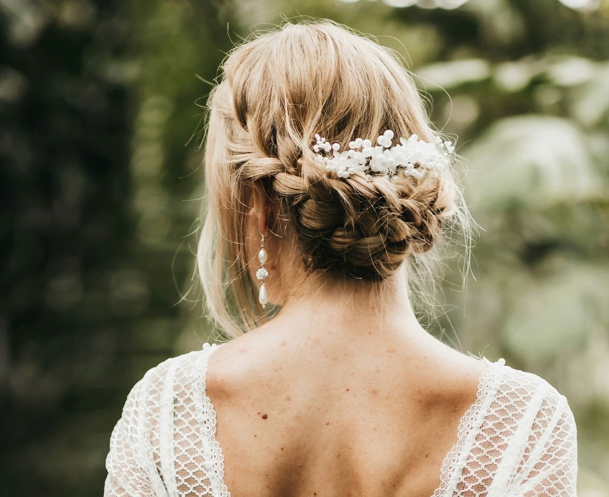 Mid-Back Blonde Updo With Floral Accents — Hairstyles to Do