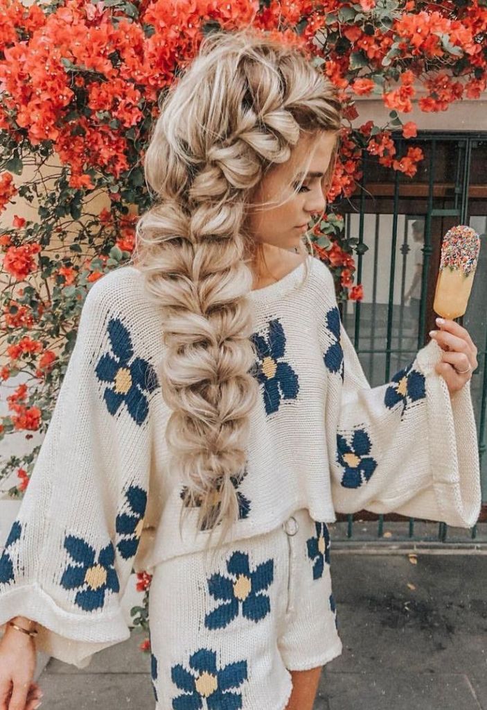 Mid-Back Ash Blonde Fishtail Braid With Loose Waves Cascade Down — Hairstyles to Do