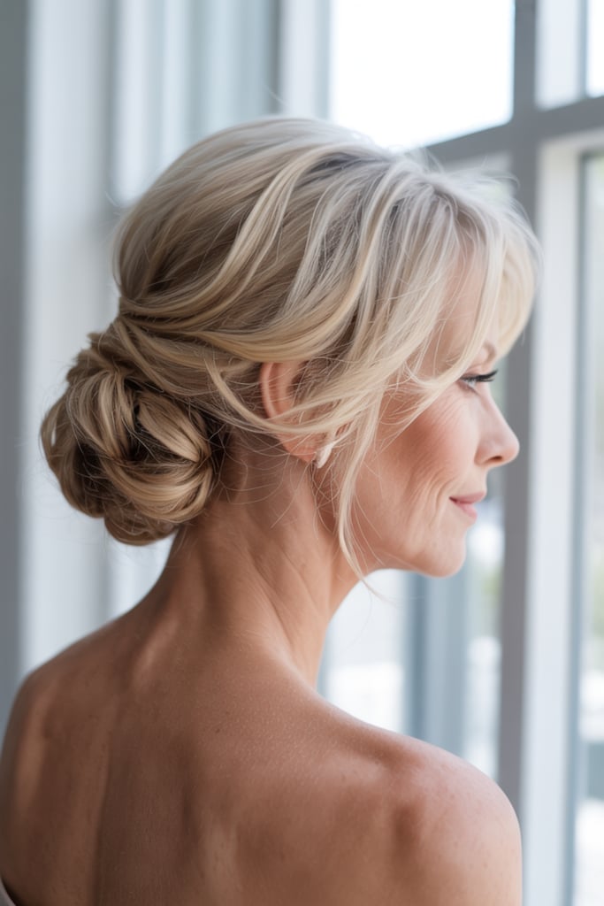 Collarbone Ash Blonde Low Bun With Bangs — Hairstyles to Do