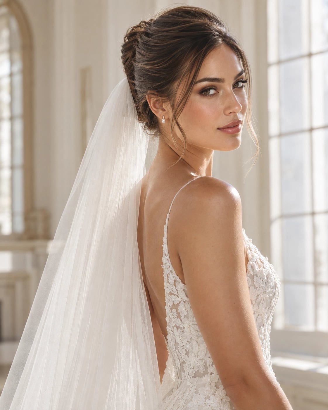 Elegant Dark Brown Low Bun With Veil Elegant Dark Brown Low Bun With Veil — Hairstyles with Veil