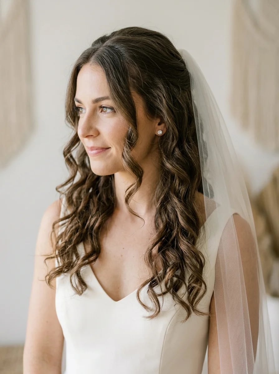 Brunette Mid-Back Half Up Half Down Curls Brunette Mid-Back Half Up Half Down Curls — Hairstyles with Veil