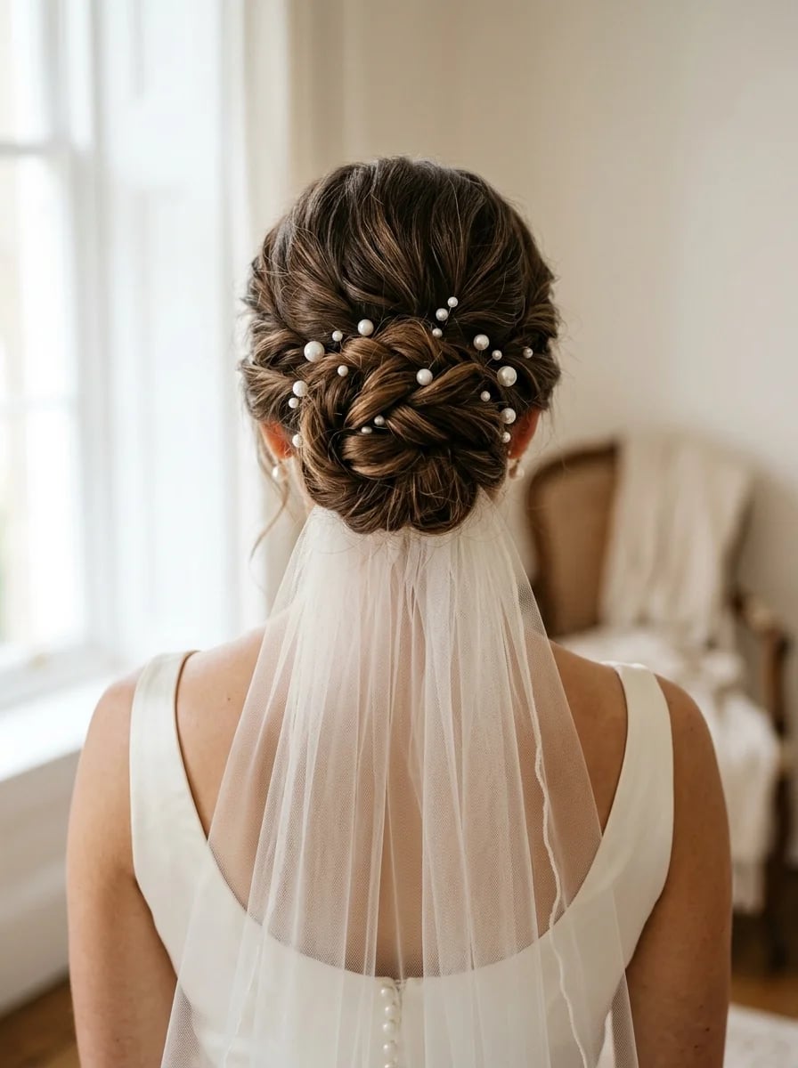 Dark Brown Mid-Back Braided Updo With Pearls Dark Brown Mid-Back Braided Updo With Pearls — Hairstyles with Veil