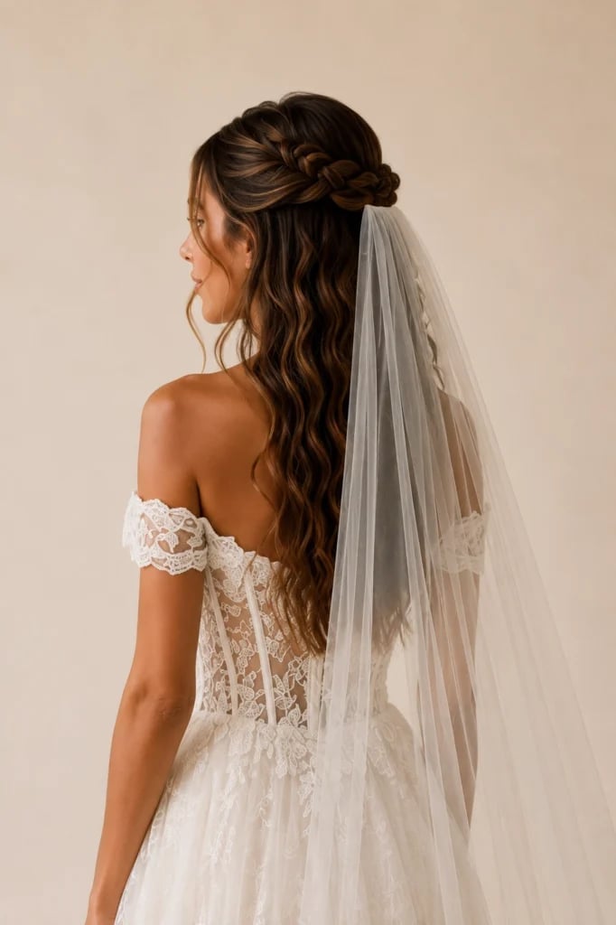 Medium Brown Mid-Back Braid With Loose Waves Medium Brown Mid-Back Braid With Loose Waves — Hairstyles with Veil