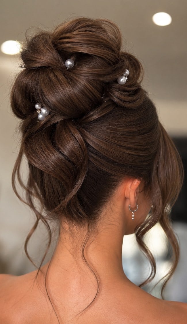 Dark Brown Wavy High Bun Pearls Dark Brown Wavy High Bun Pearls — High Bun Hairstyles