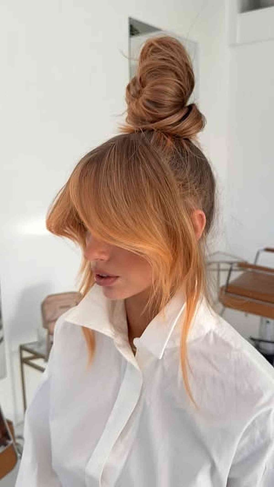 Light Brown High Bun With Blunt Bangs Light Brown High Bun With Blunt Bangs — High Bun Hairstyles