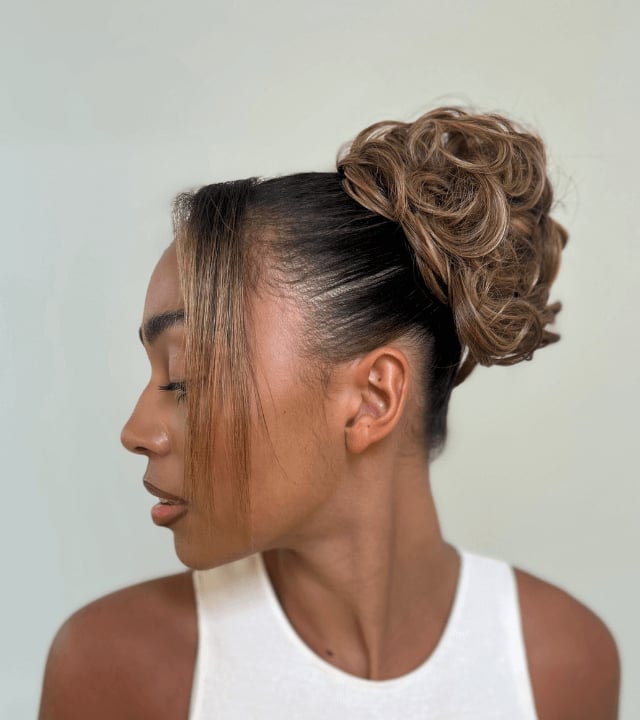 Dark Brown Messy High Bun Curtain Bangs Dark Brown Messy High Bun Curtain Bangs — High Bun Hairstyles
