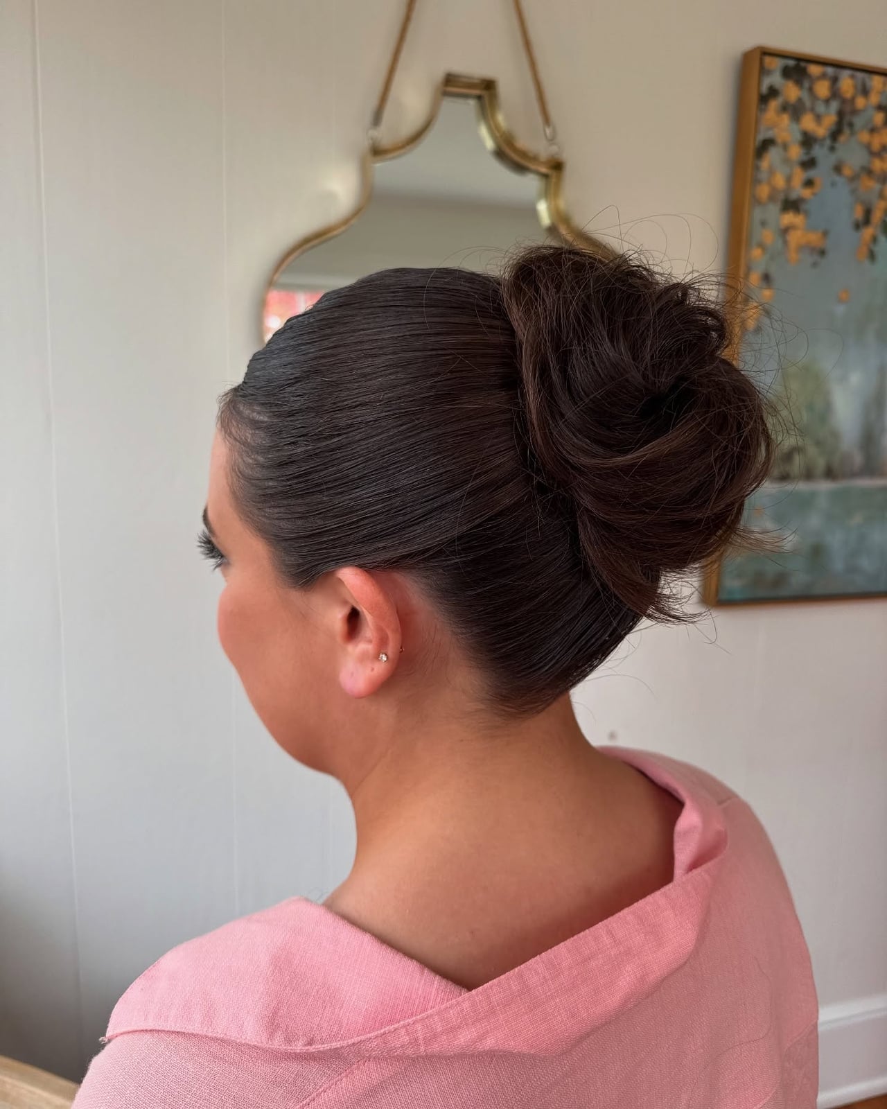 Voluminous Dark Brown Wavy Updo, Middle Voluminous Dark Brown Wavy Updo, Middle — High Bun Hairstyles