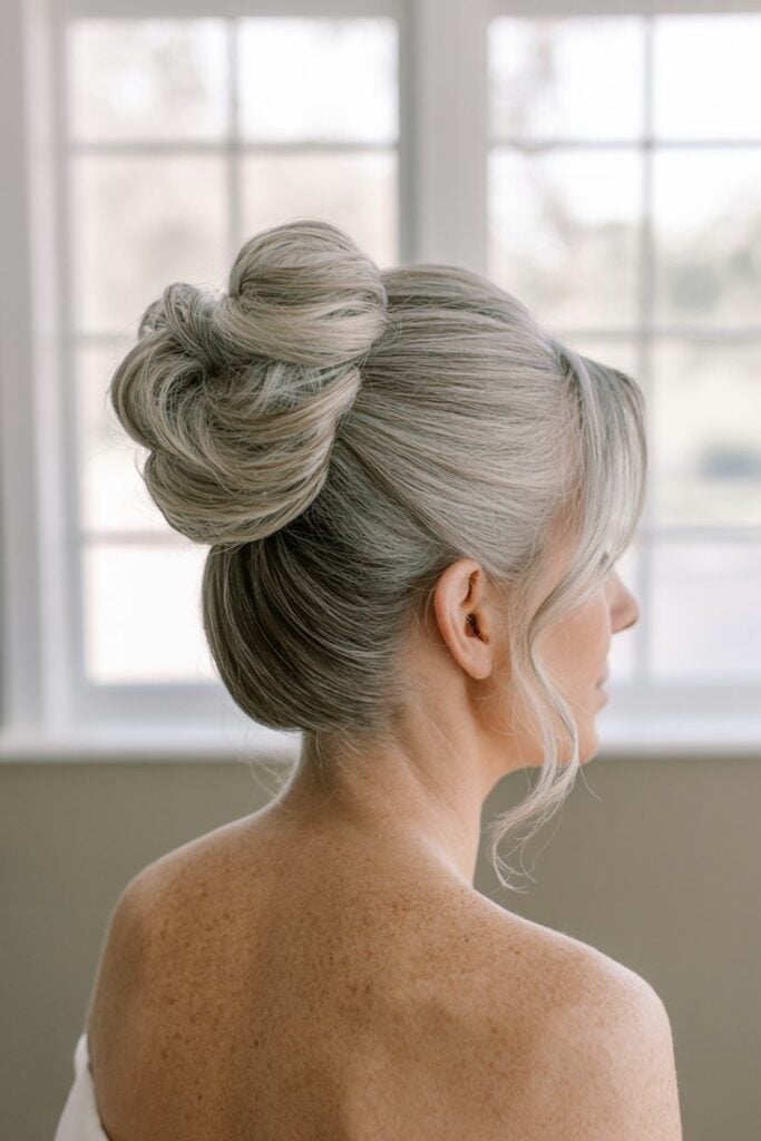 Gray Double Bun With Curtain Bangs Gray Double Bun With Curtain Bangs — High Bun Hairstyles