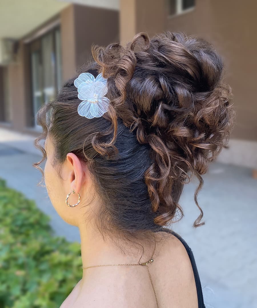 Sculptural Dark Brown Curly High Bun, Layers Sculptural Dark Brown Curly High Bun, Layers — High Bun Hairstyles