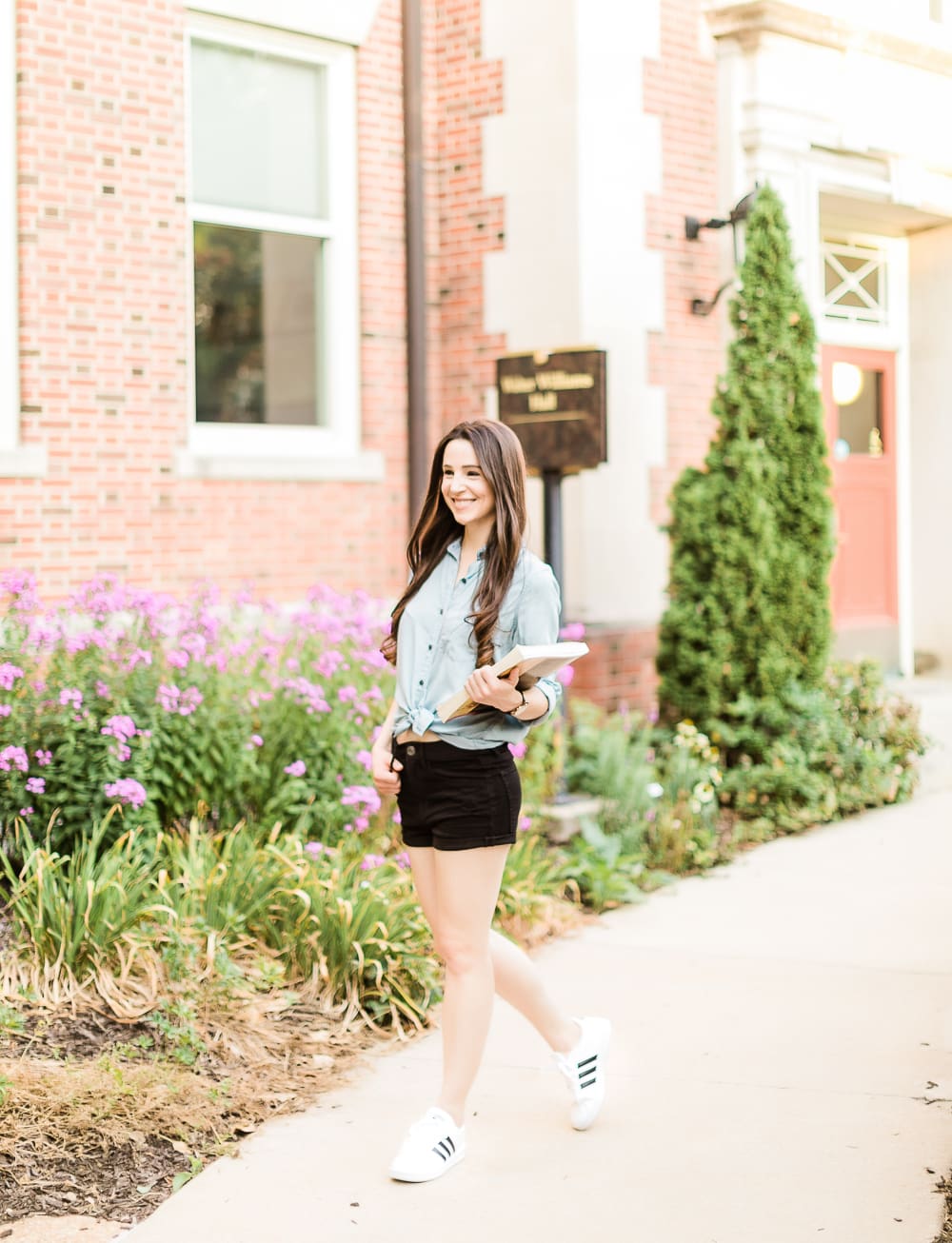 Denim Shirt and Black Shorts — High School Outfits