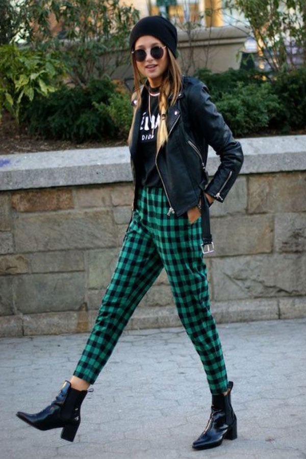 Moto Jacket and Plaid Trousers — High School Outfits