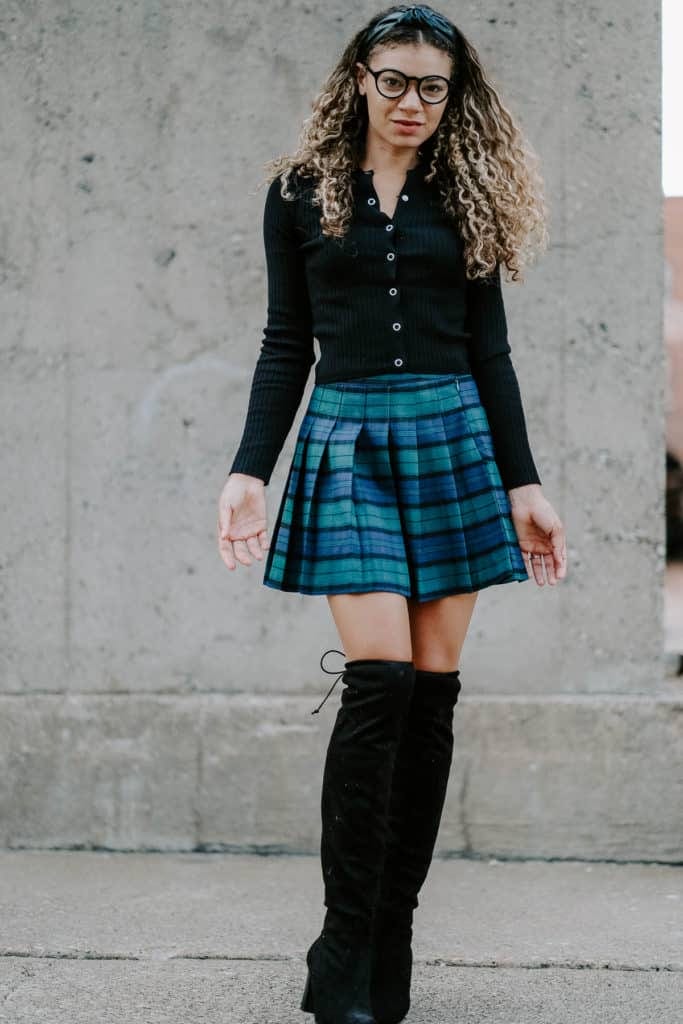Fitted Cardigan and Plaid Mini Skirt — High School Outfits