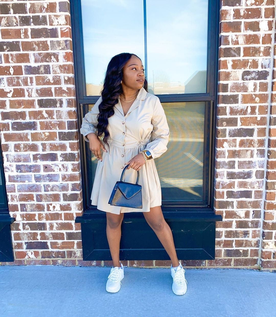 Beige Shirt Dress and Sneakers — High School Outfits