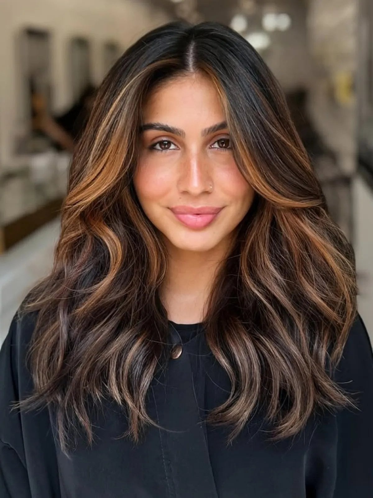 Dark Brown Mid-Back Length With Caramel And Blonde Highlights — Highlights Brown Hair