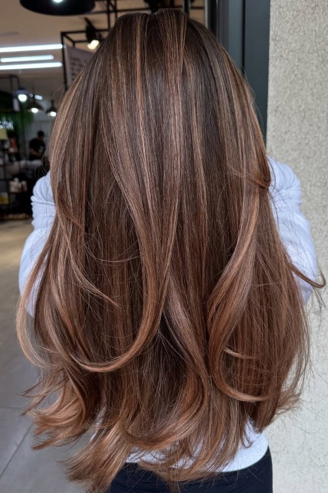 Light Brown Mid-Back With Caramel Highlights, Wavy — Highlights Brown Hair