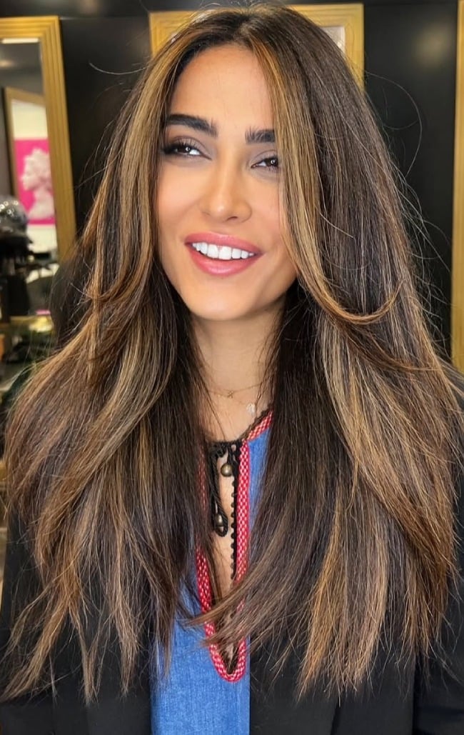 Caramel Highlights Around The Face On Dark Brown Mid-Back — Highlights Brown Hair