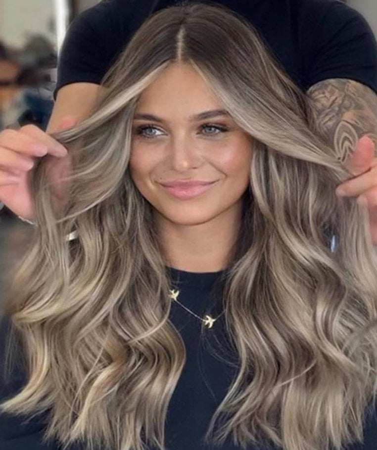 Lived-In Beige Blonde Highlights On Medium Brown Lob — Highlights Brown Hair