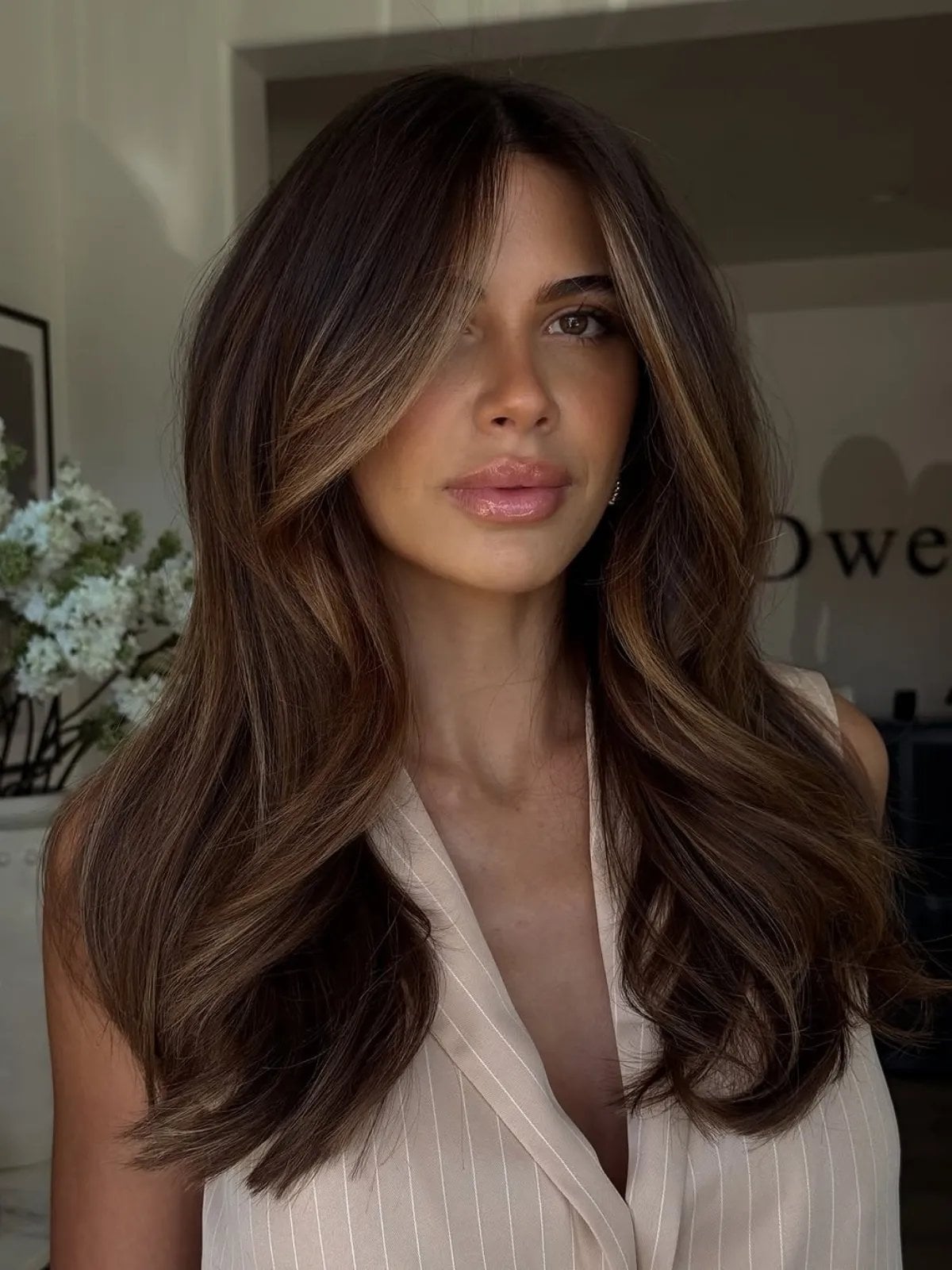 Dark Brown Mid-Back With Curtain Bangs — Highlights in Brown Hair