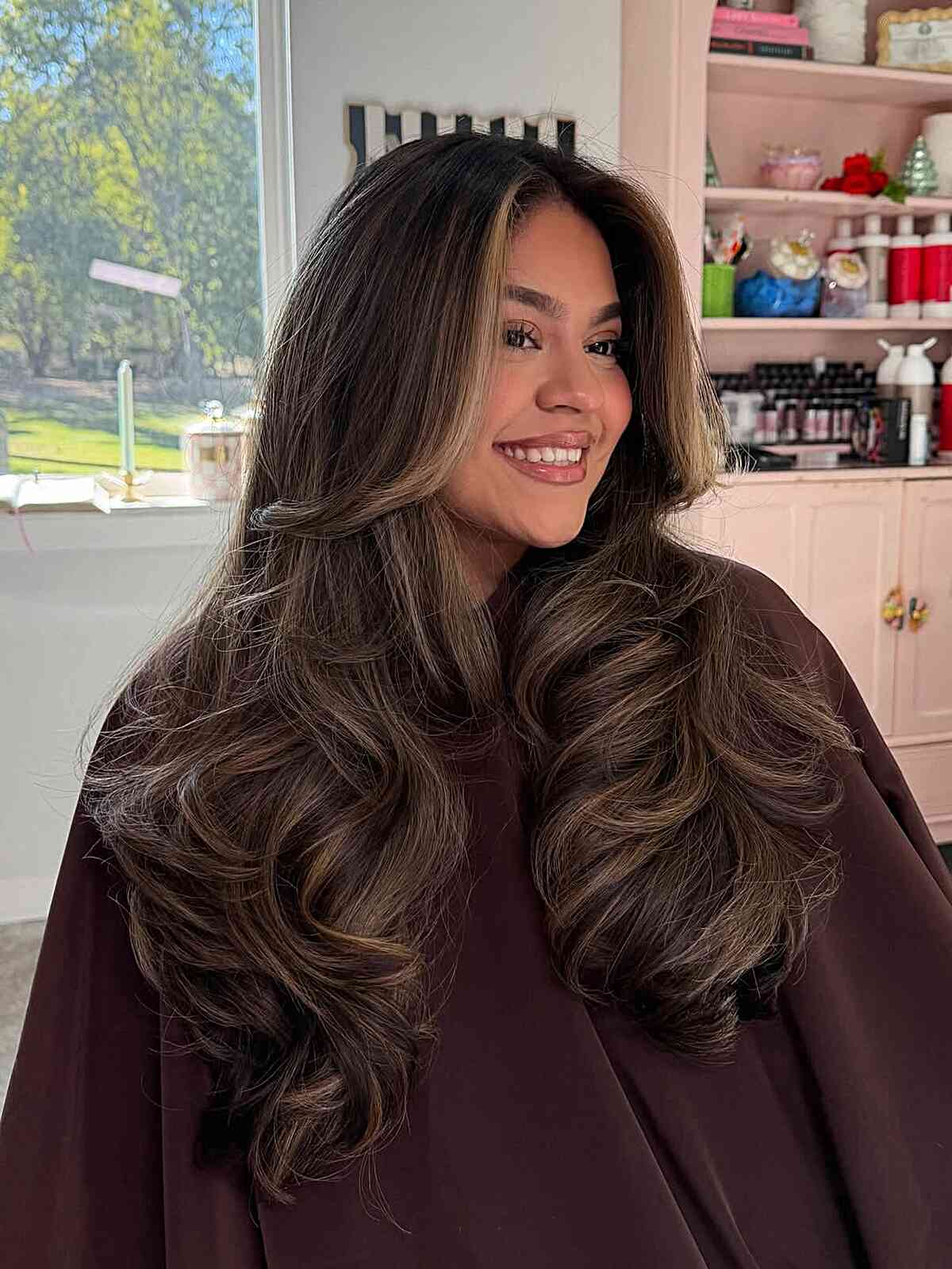 Dark Brown Mid-Back With Face Framing Bangs — Highlights in Brown Hair