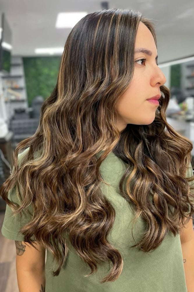 Brown Mid-Back With Blonde Highlights Loose Waves — Highlights in Brown Hair