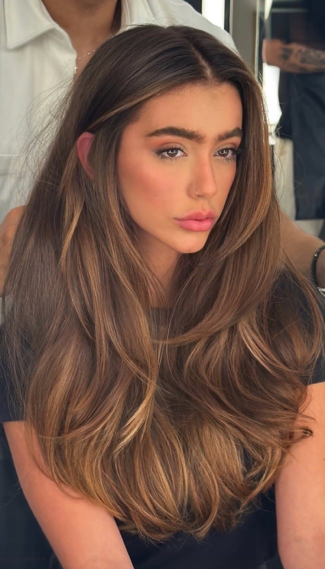 Mocha Brown With Honey Caramel Highlights Lob — Highlights in Brown Hair