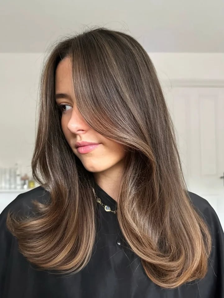 Dark Brown Mid-Back Straight With Blonde, Office-Safe Version — Highlights in Brown Hair