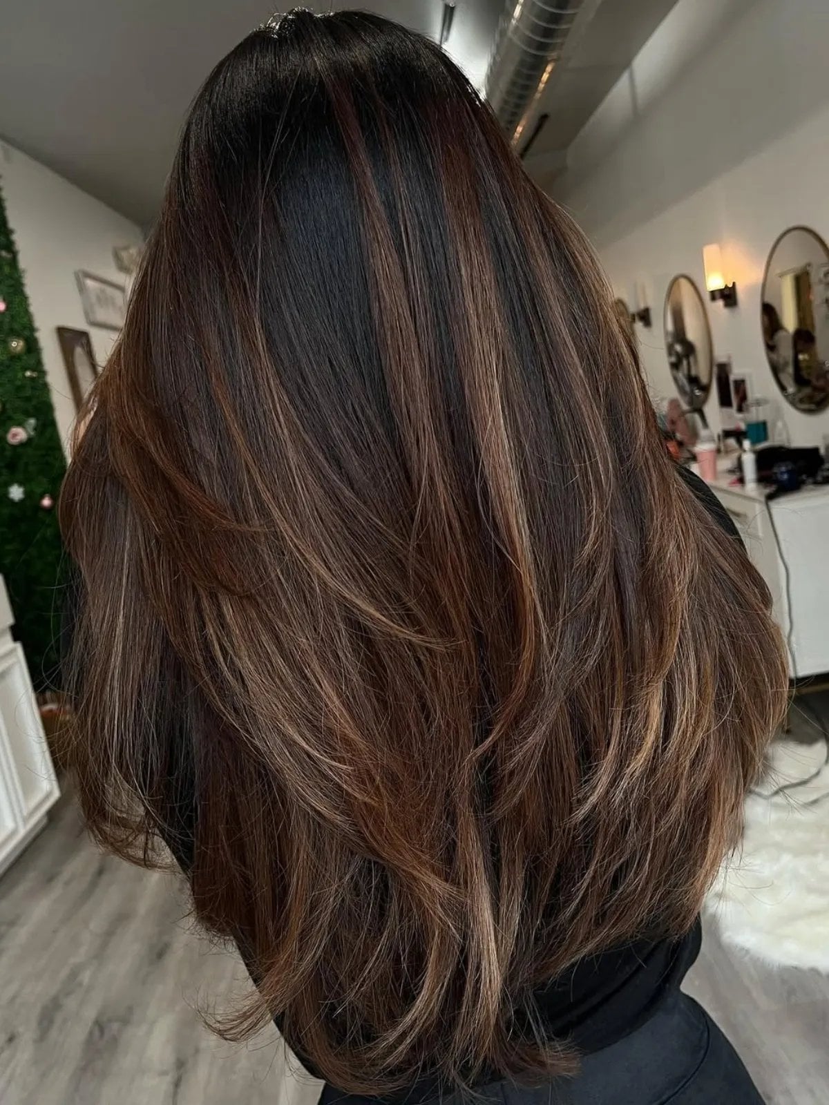 Mid-Back Chocolate Brown With Auburn Highlights Mid-Back Chocolate Brown With Auburn Highlights — Highlights on Dark Hair