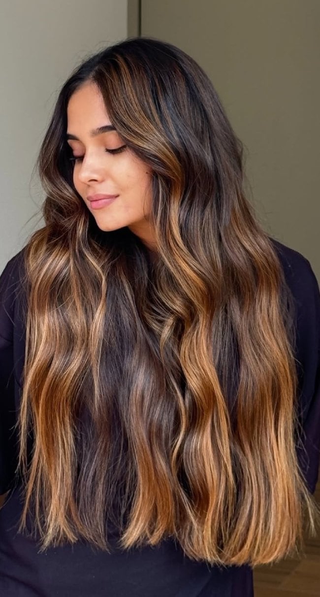 Mid-Back Dark Brown With Sun-Kissed Caramel Blonde Mid-Back Dark Brown With Sun-Kissed Caramel Blonde — Highlights on Dark Hair