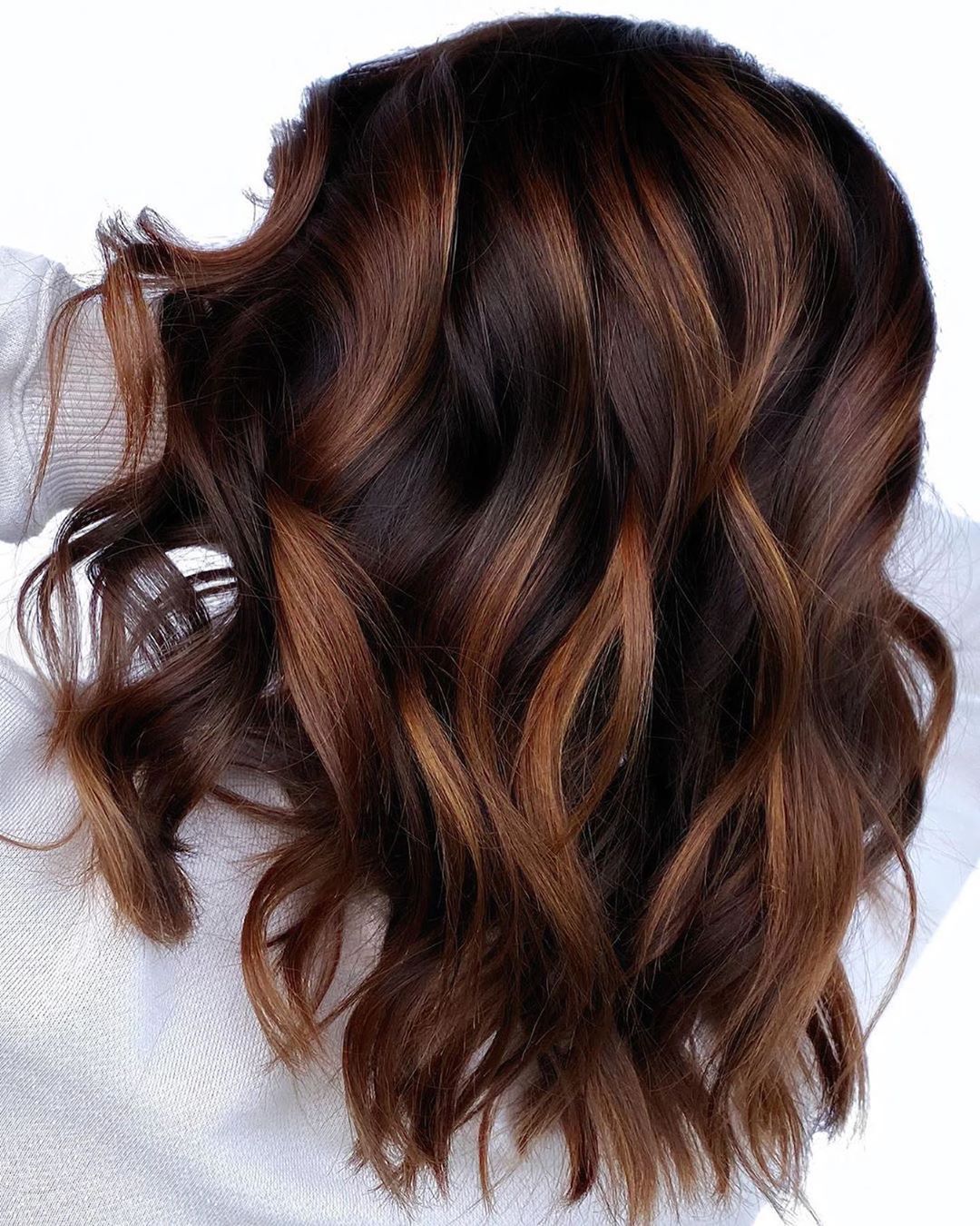 Collarbone Dark Chocolate With Copper Auburn Highlights Collarbone Dark Chocolate With Copper Auburn Highlights — Highlights on Dark Hair