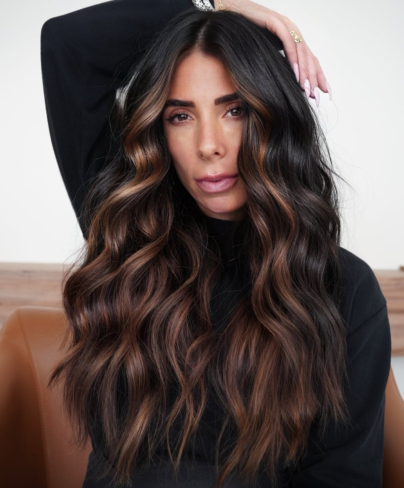 Mid-Back Dark Brown With Seamless Caramel Highlights, Layers Mid-Back Dark Brown With Seamless Caramel Highlights, Layers — Highlights on Dark Hair