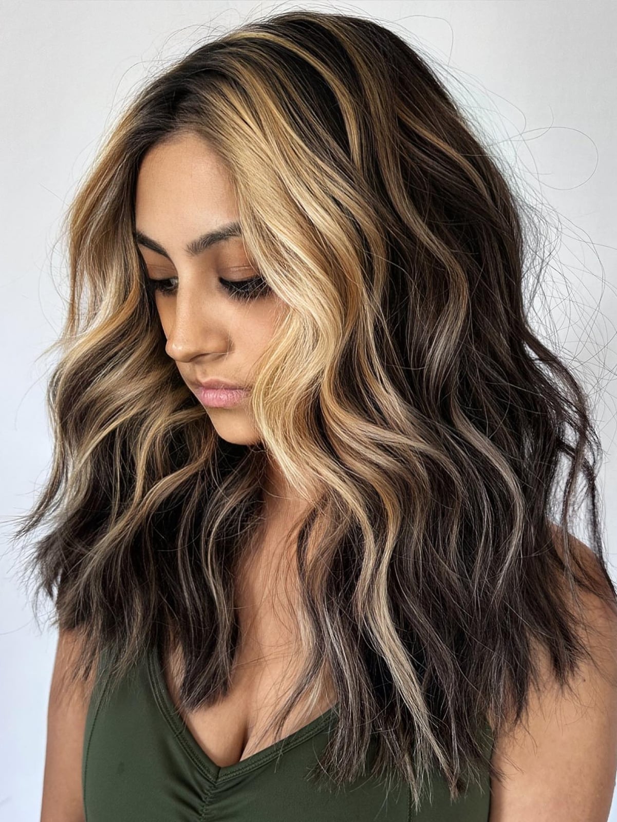 Mid-Back Dark Brown With Dimensional Blonde Layers, Close-Up Take Mid-Back Dark Brown With Dimensional Blonde Layers, Close-Up Take — Highlights on Dark Hair