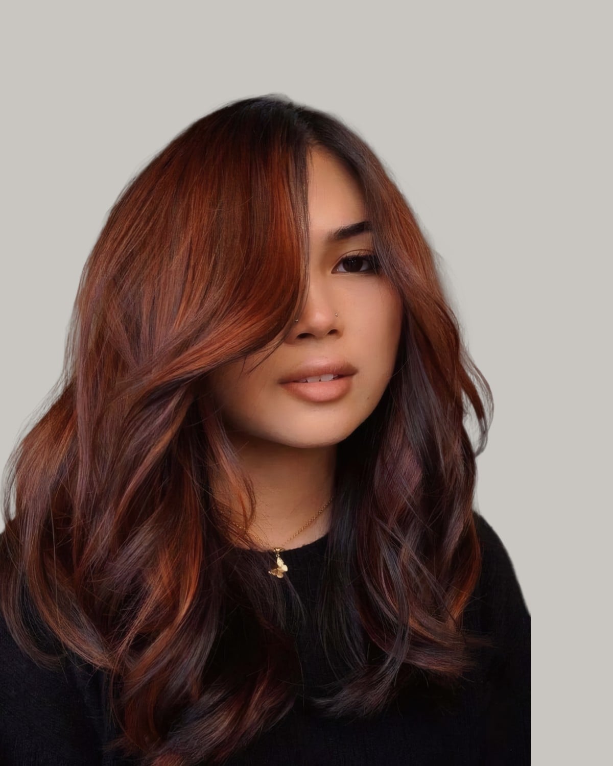 Mid-Back Dark Base With Copper And Auburn Highlights Mid-Back Dark Base With Copper And Auburn Highlights — Highlights on Dark Hair