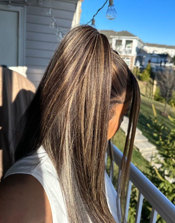 Mid-Back High Ponytail With Bold Blonde Streaks Mid-Back High Ponytail With Bold Blonde Streaks — Highlights Wig