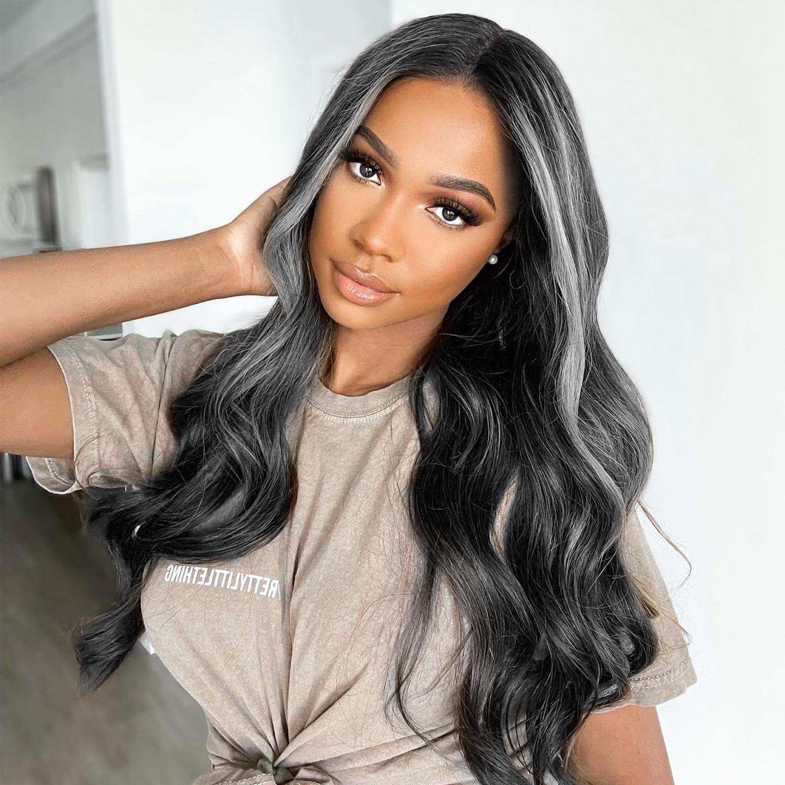 Mid-Back Blowout With Bold Gray Highlights Mid-Back Blowout With Bold Gray Highlights — Highlights Wig