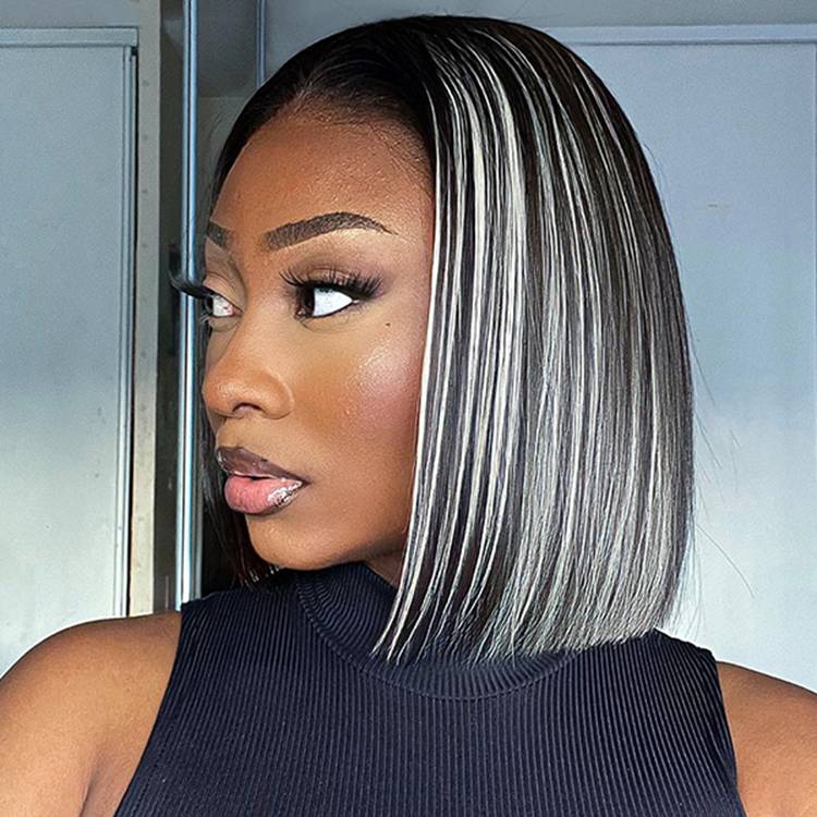 Chin Length Bob With Sharp Cut and Gray Highlights Chin Length Bob With Sharp Cut and Gray Highlights — Highlights Wig