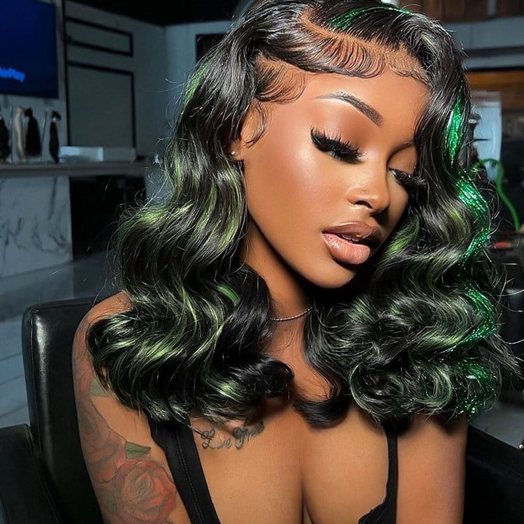 Shoulder Length Waves With Bold Green Highlights Shoulder Length Waves With Bold Green Highlights — Highlights Wig