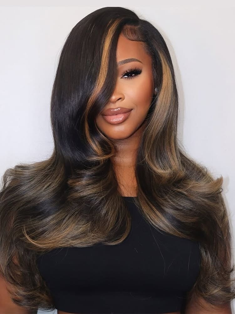 Mid-Back Blowout With Curtain Bangs and Dark Brown Base Mid-Back Blowout With Curtain Bangs and Dark Brown Base — Highlights Wig