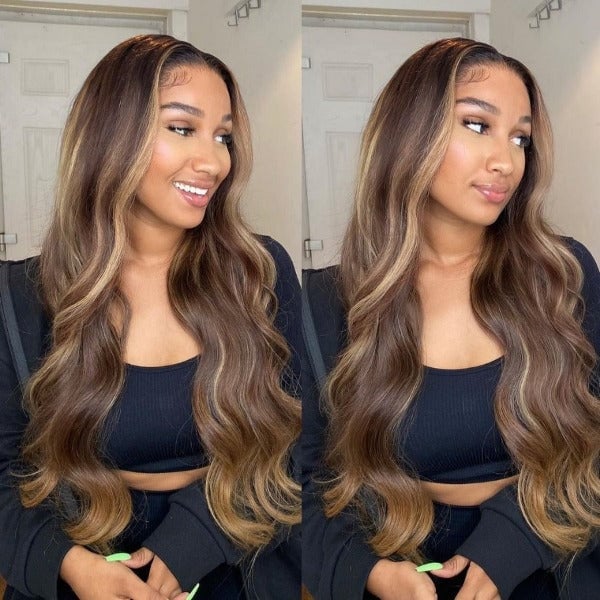 Mid-Back Wavy Blowout With Curtain Bangs, Close-Up Take Mid-Back Wavy Blowout With Curtain Bangs, Close-Up Take — Highlights Wig