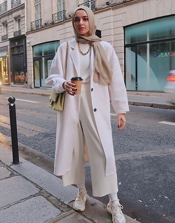 Cream Oversized Coat and Wide-Leg Pants for Quiet Luxury — Hijab Outfits