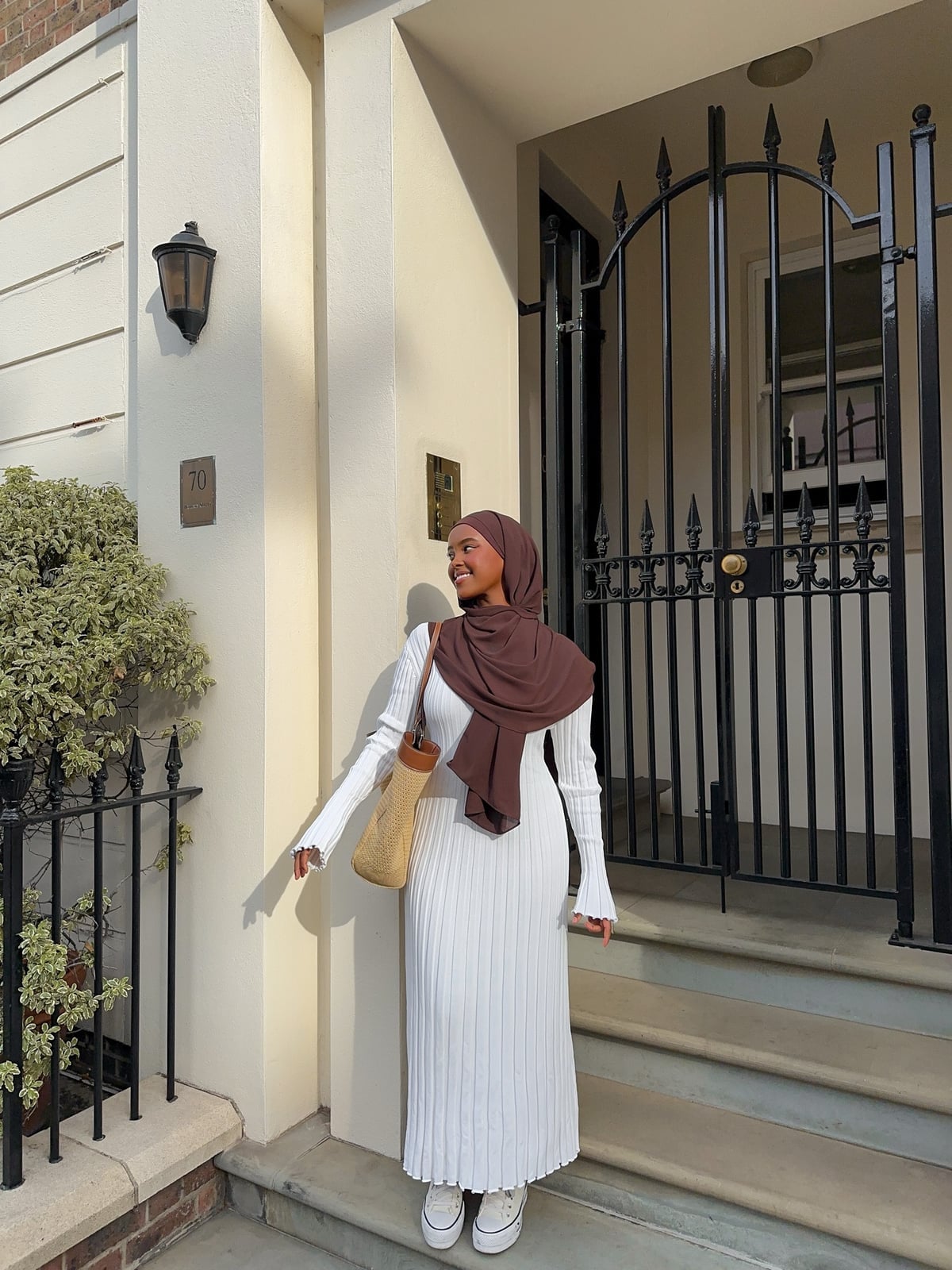 White Ribbed Knit Dress with Brown Hijab for Daytime Casual — Hijab Outfits
