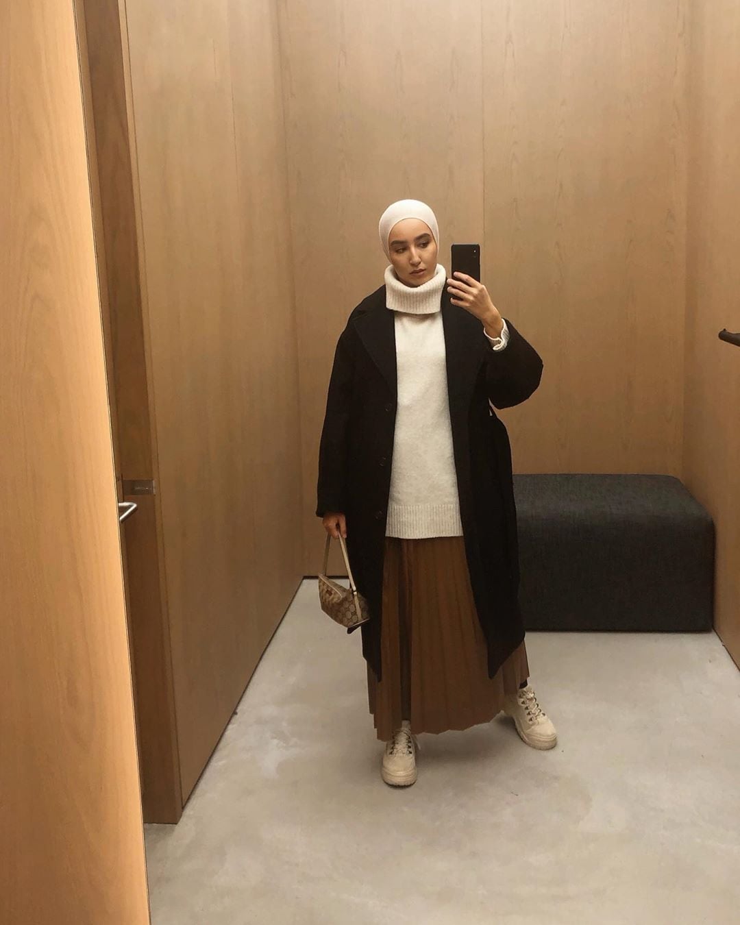 Black Coat and Brown Skirt for Layered Winter Style — Hijab Outfits